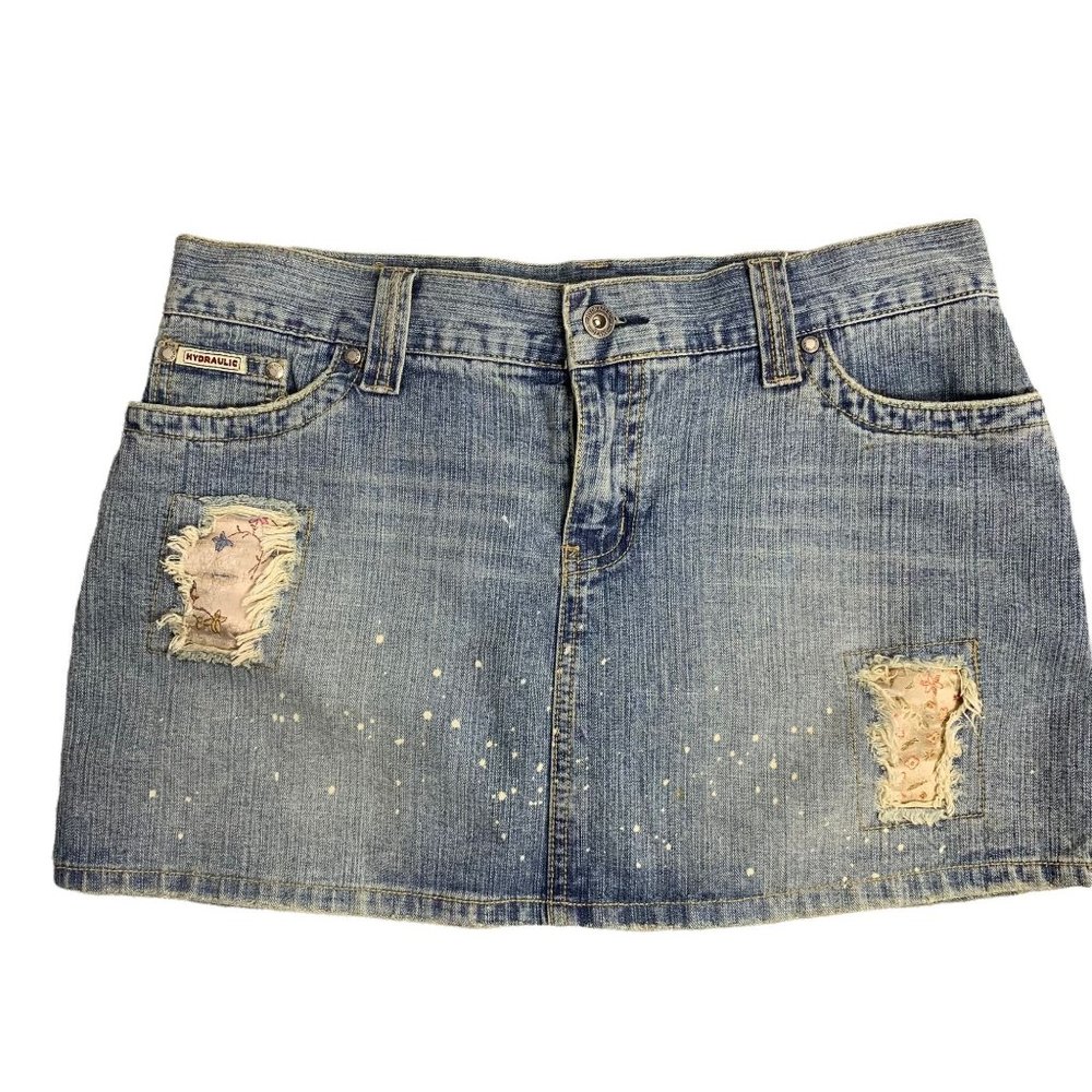 Hydraulic Worn & Torn Denim Mini Skirt 9/10 Med Wash Pockets Button Zip
